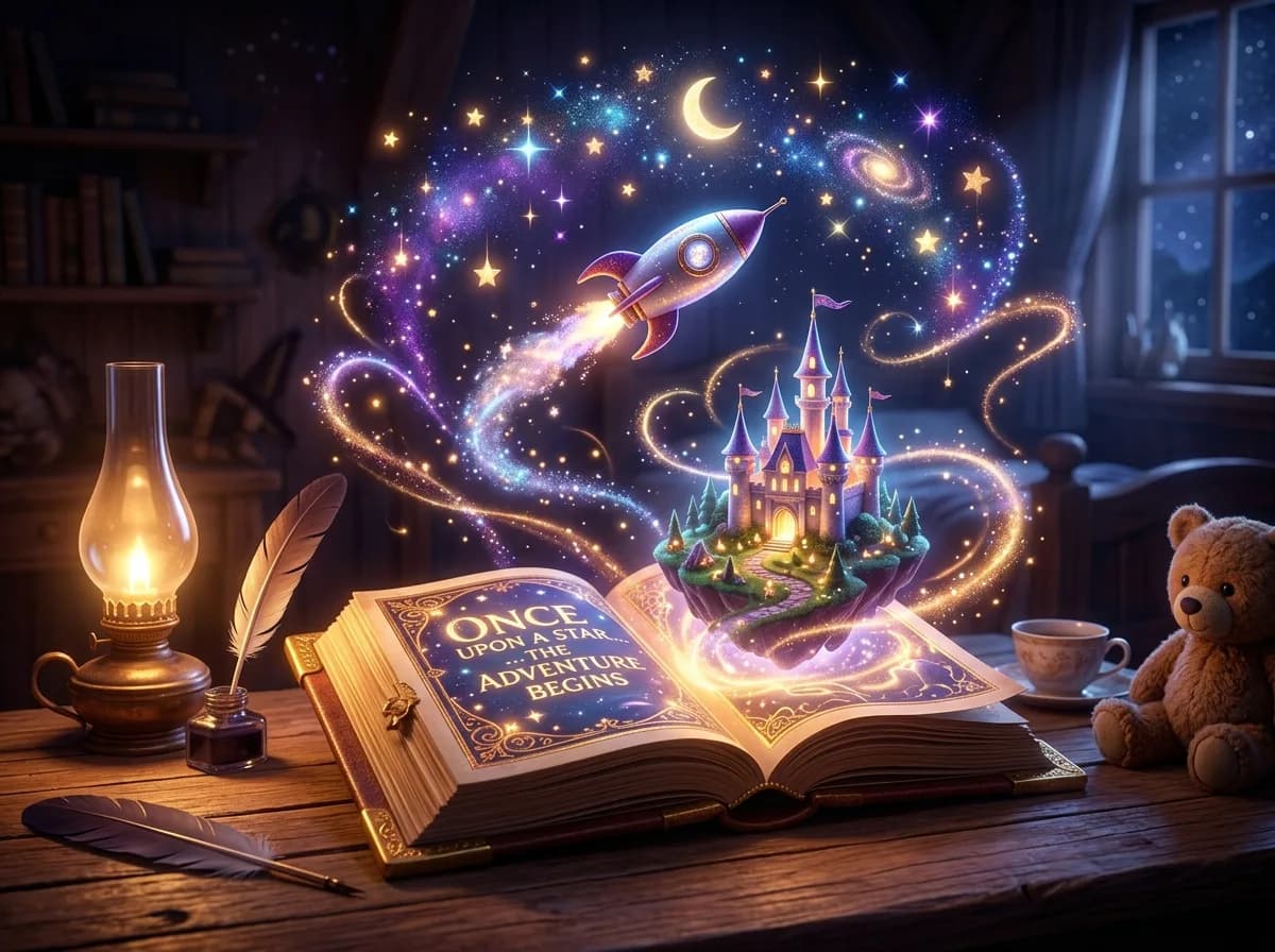 Livro mágico aberto com castelo encantado e foguete