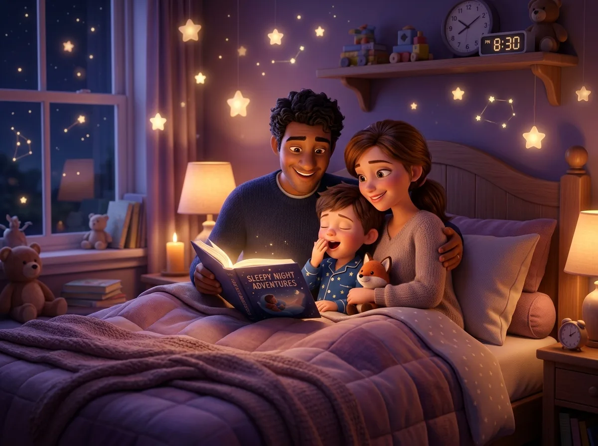 Pais lendo história personalizada com aconchego para o filho na hora de dormir